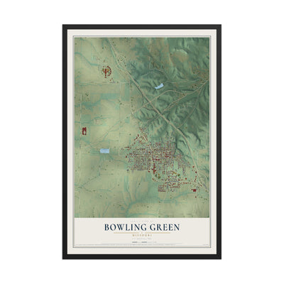 Map of Bowling Green, Missouri, 12 x 18 inch print in a black wood frame