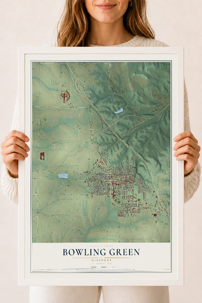 Map of Bowling Green, Missouri, 18 x 24 inch print in a white wood frame