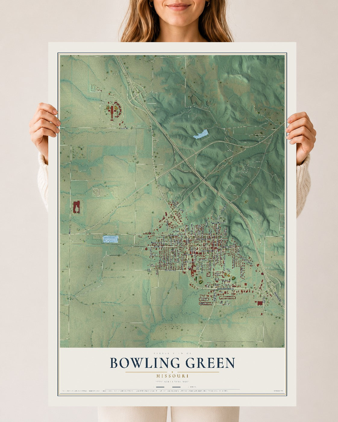 Map of Bowling Green, Missouri, 24 x 36 inch unframed archival matte print