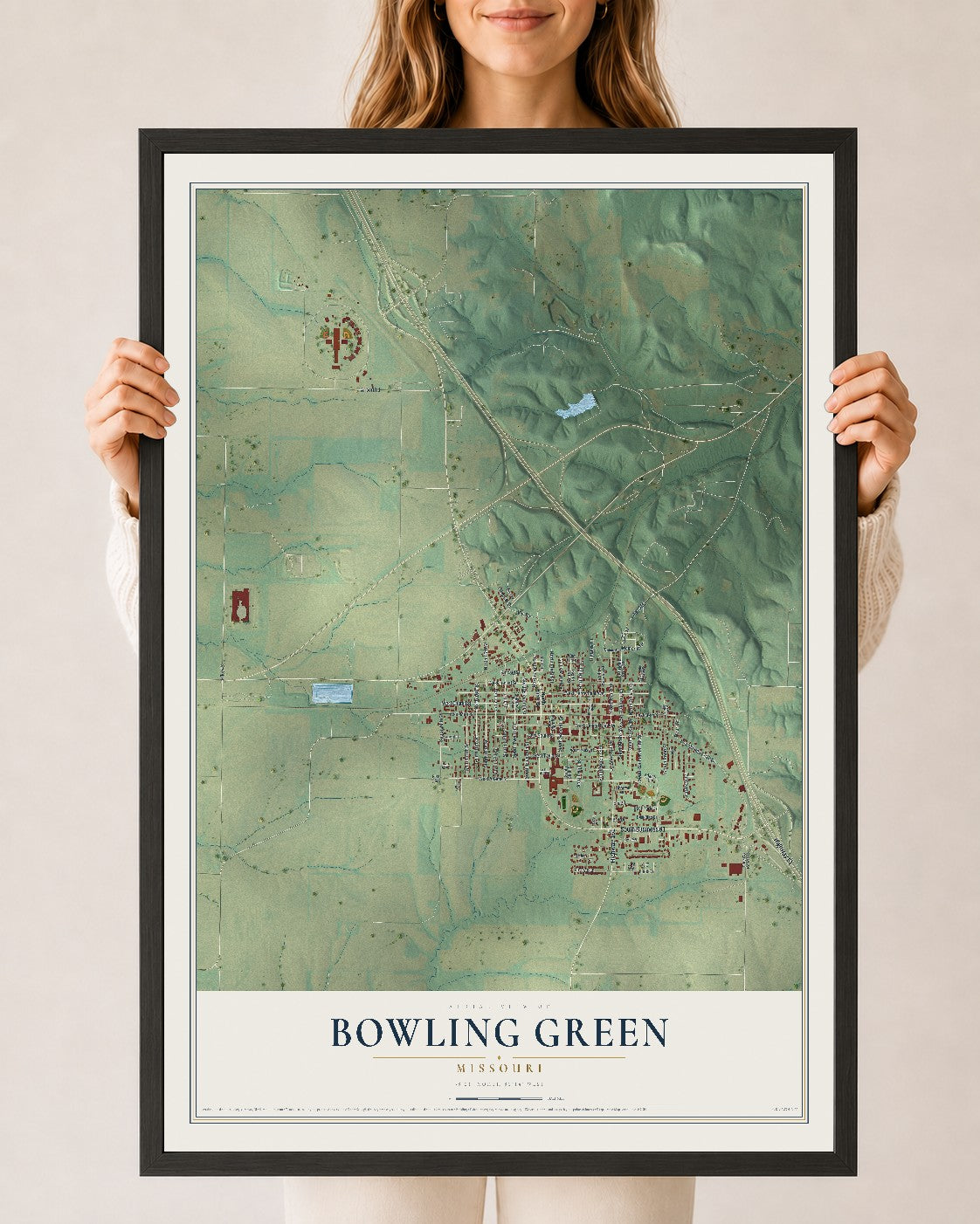 Map of Bowling Green, Missouri, 24 x 36 inch print in a black wood frame
