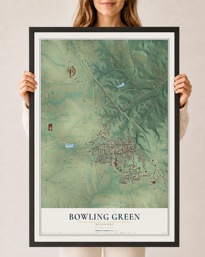Map of Bowling Green, Missouri, 24 x 36 inch print in a black wood frame