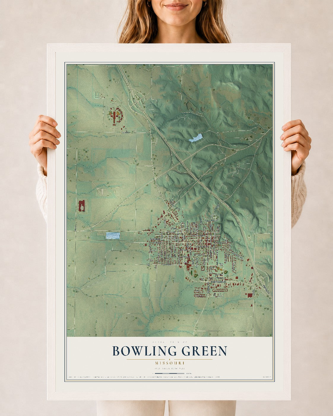Map of Bowling Green, Missouri, 24 x 36 inch print in a white wood frame