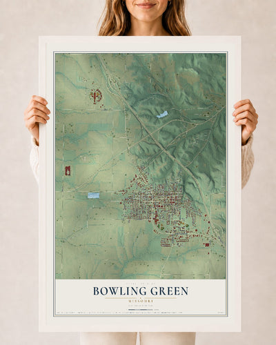 Map of Bowling Green, Missouri, 24 x 36 inch print in a white wood frame