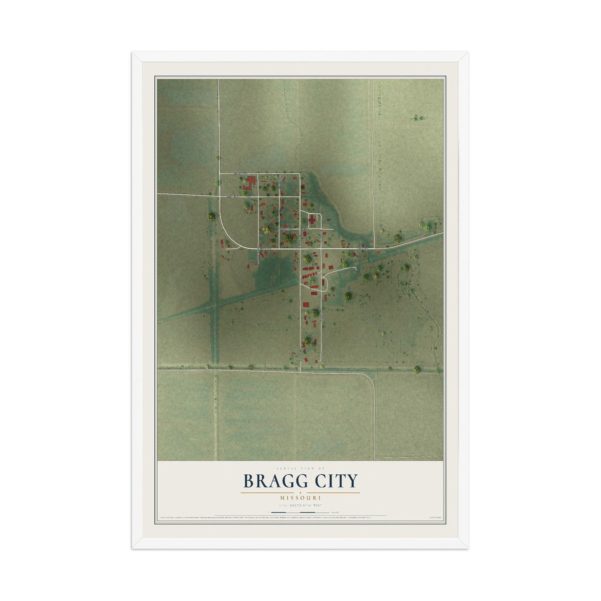 Map of Bragg City, Missouri, 12 x 18 inch print in a white wood frame