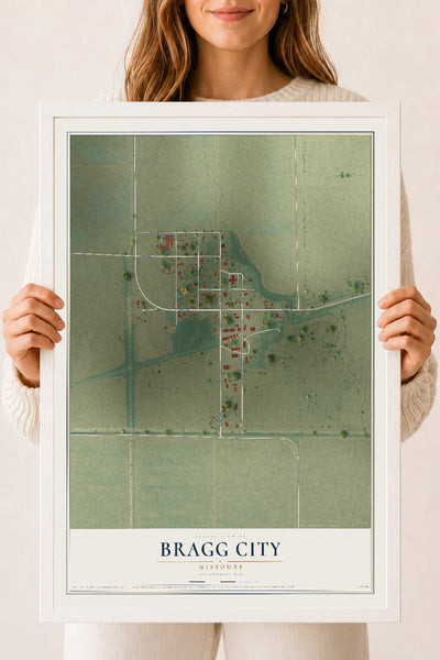 Map of Bragg City, Missouri, 18 x 24 inch print in a white wood frame