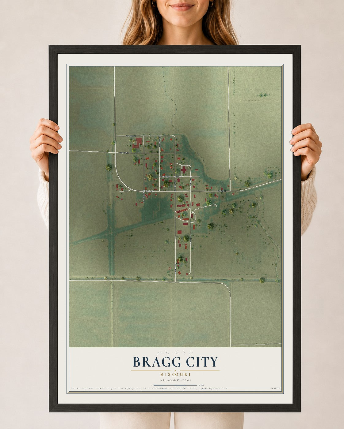Map of Bragg City, Missouri, 24 x 36 inch print in a black wood frame