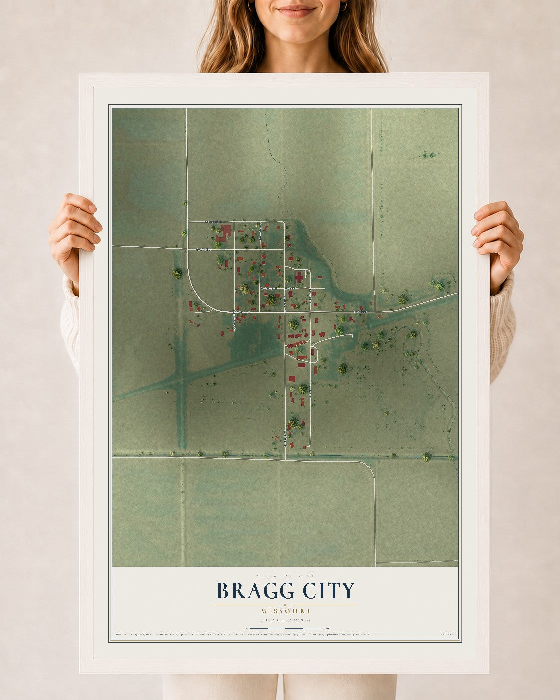 Map of Bragg City, Missouri, 24 x 36 inch print in a white wood frame