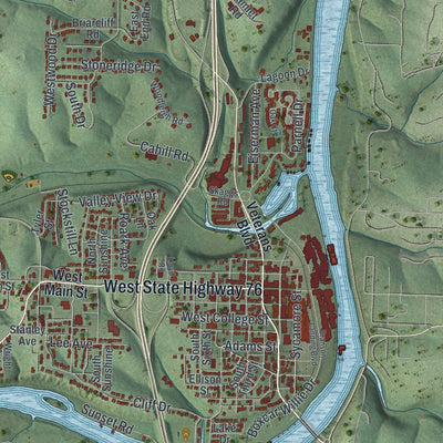 Close-up of the map of Branson, Missouri print showing street and building detail