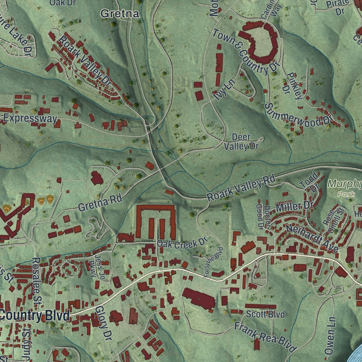 Second close-up of the map of Branson, Missouri print showing more streets and buildings