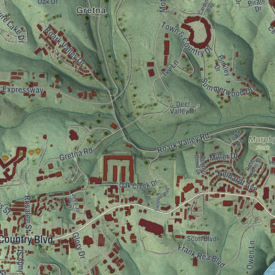 Second close-up of the map of Branson, Missouri print showing more streets and buildings