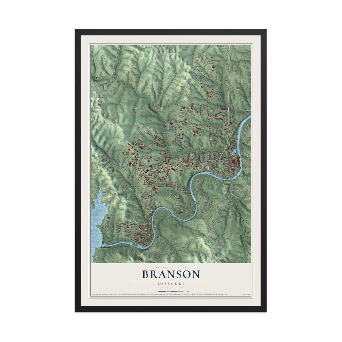 Map of Branson, Missouri, 12 x 18 inch print in a black wood frame