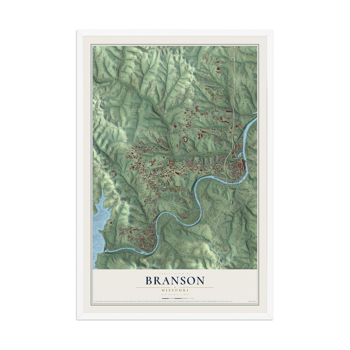 Map of Branson, Missouri, 12 x 18 inch print in a white wood frame