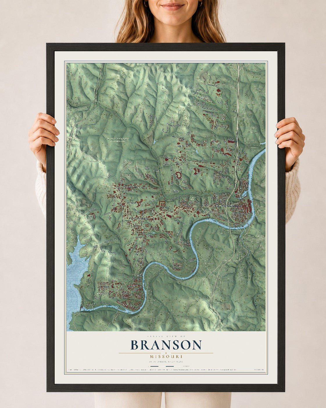 Map of Branson, Missouri, 24 x 36 inch print in a black wood frame