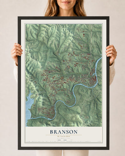 Map of Branson, Missouri, 24 x 36 inch print in a black wood frame