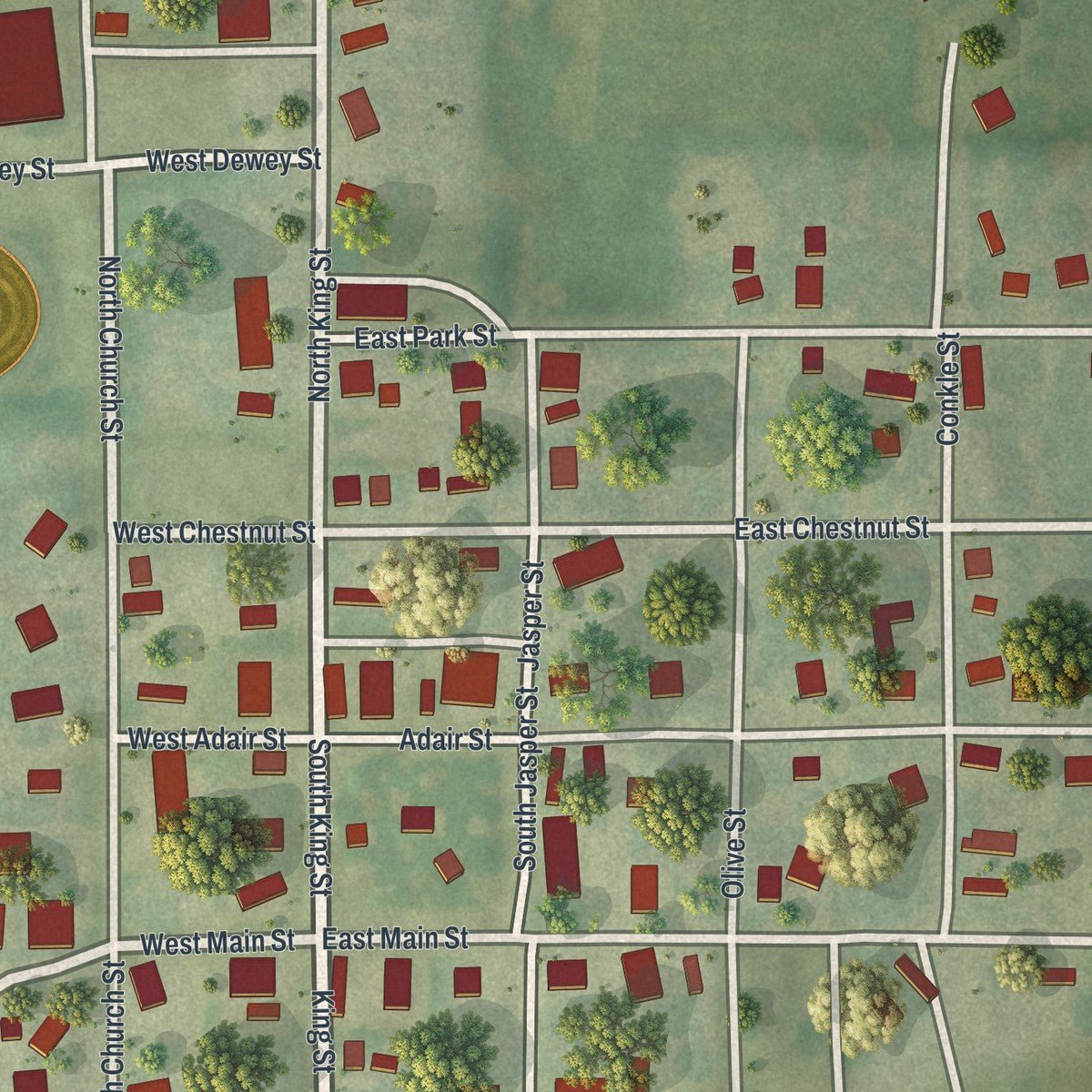 Close-up of the map of Brashear, Missouri print showing street and building detail