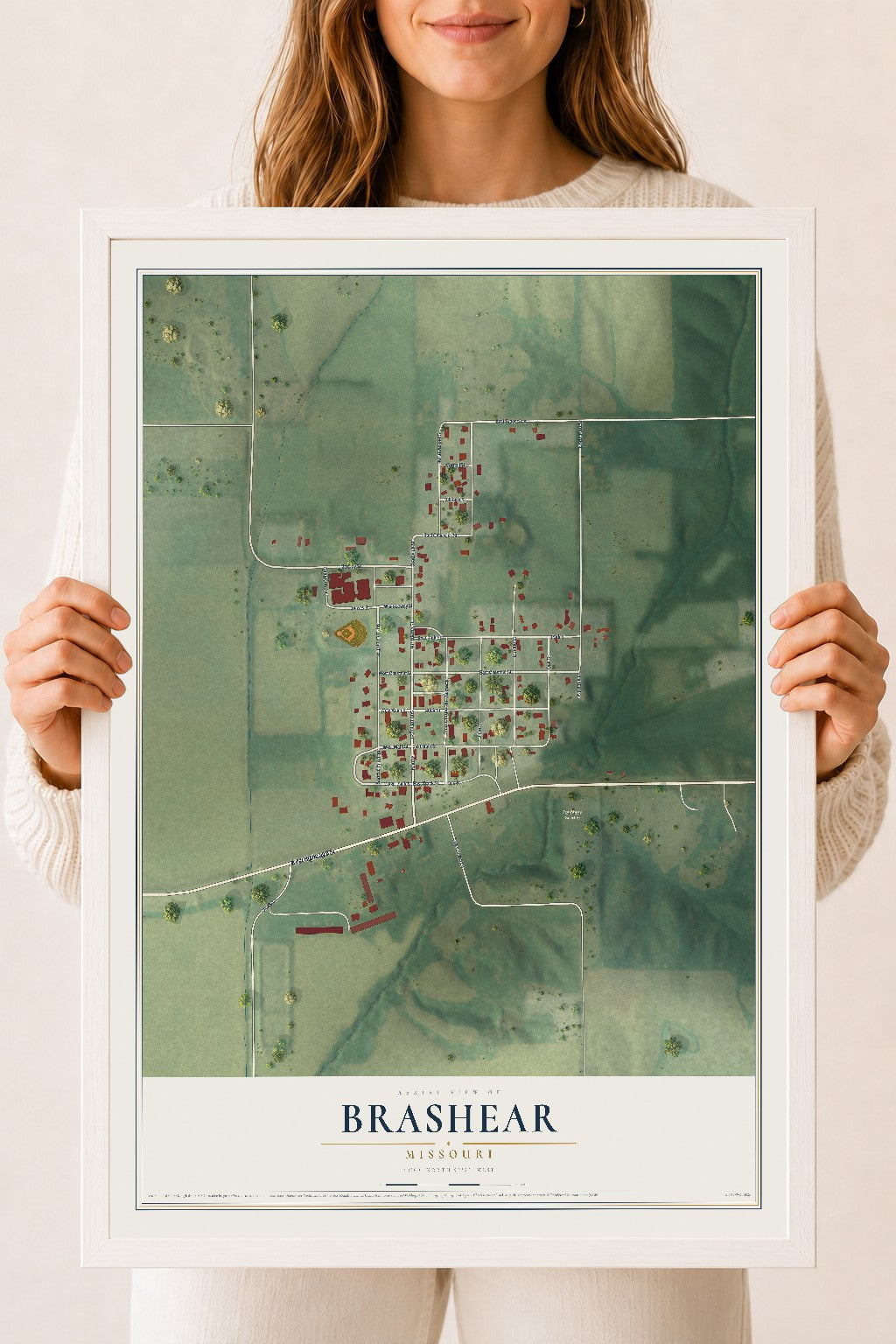 Map of Brashear, Missouri, 18 x 24 inch print in a white wood frame