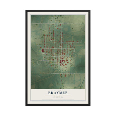 Map of Braymer, Missouri, 12 x 18 inch print in a black wood frame