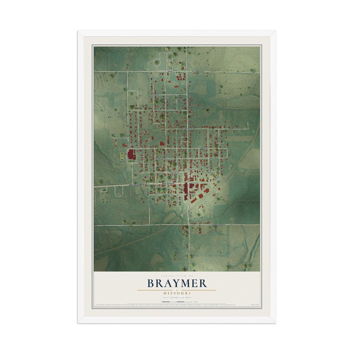 Map of Braymer, Missouri, 12 x 18 inch print in a white wood frame