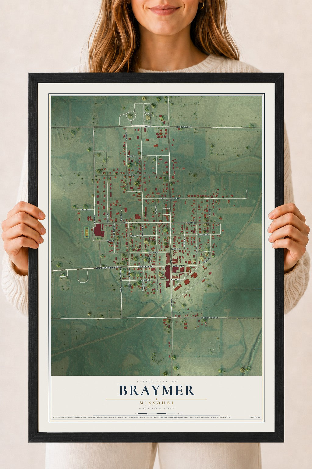 Map of Braymer, Missouri, 18 x 24 inch print in a black wood frame