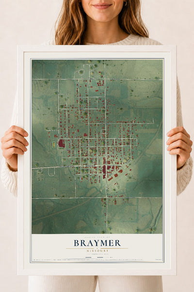 Map of Braymer, Missouri, 18 x 24 inch print in a white wood frame