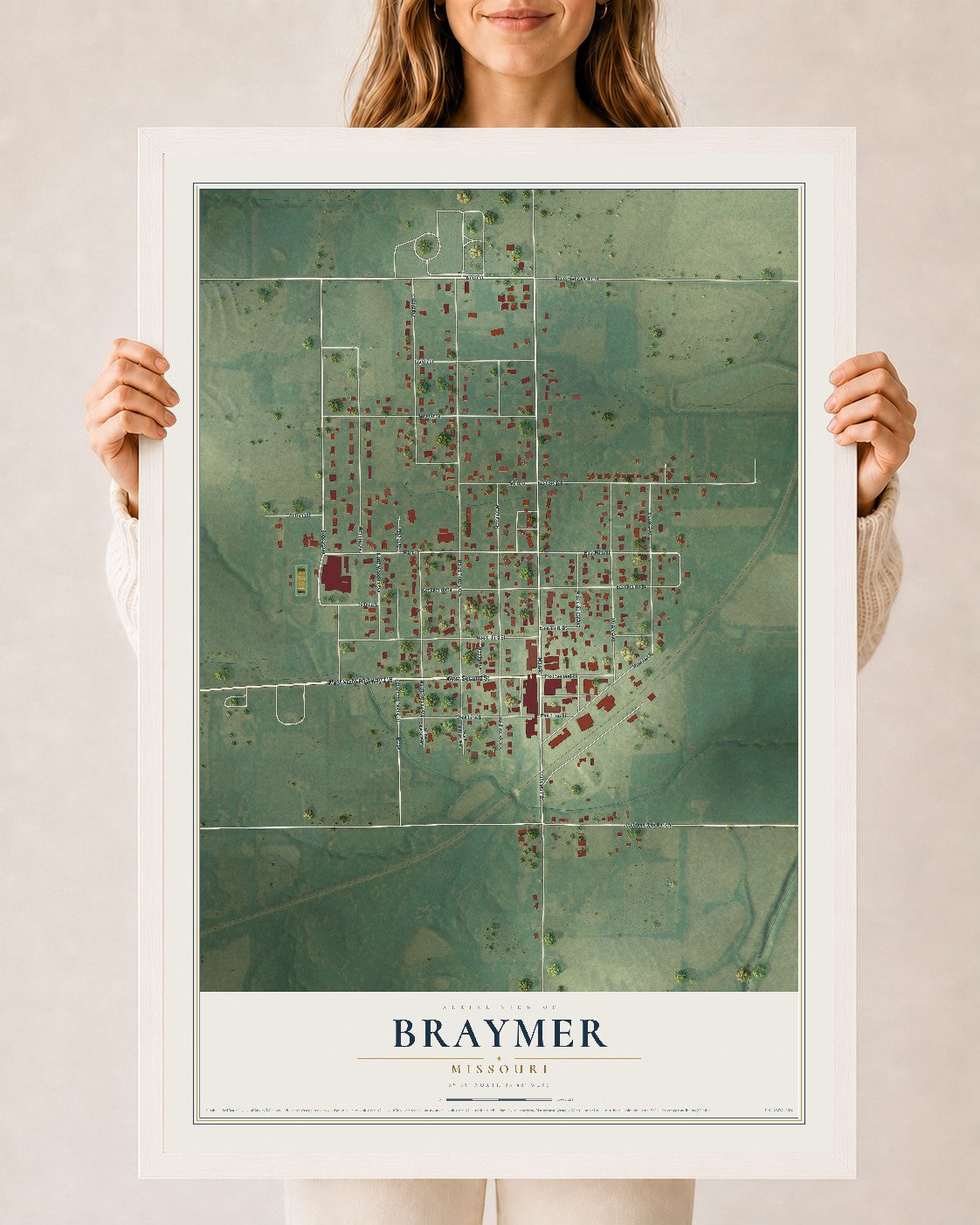 Map of Braymer, Missouri, 24 x 36 inch print in a white wood frame