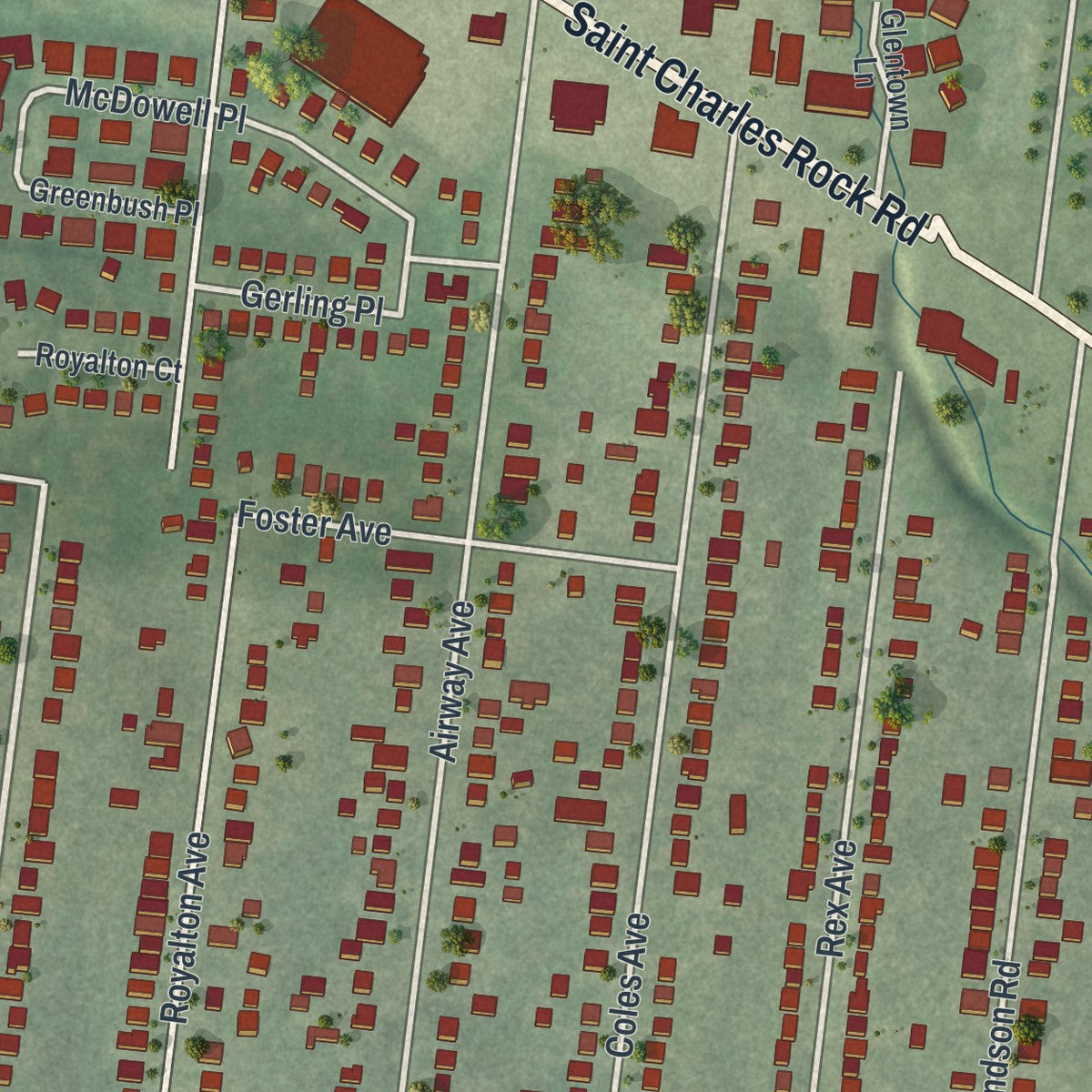 Close-up of the map of Breckenridge Hills, Missouri print showing street and building detail