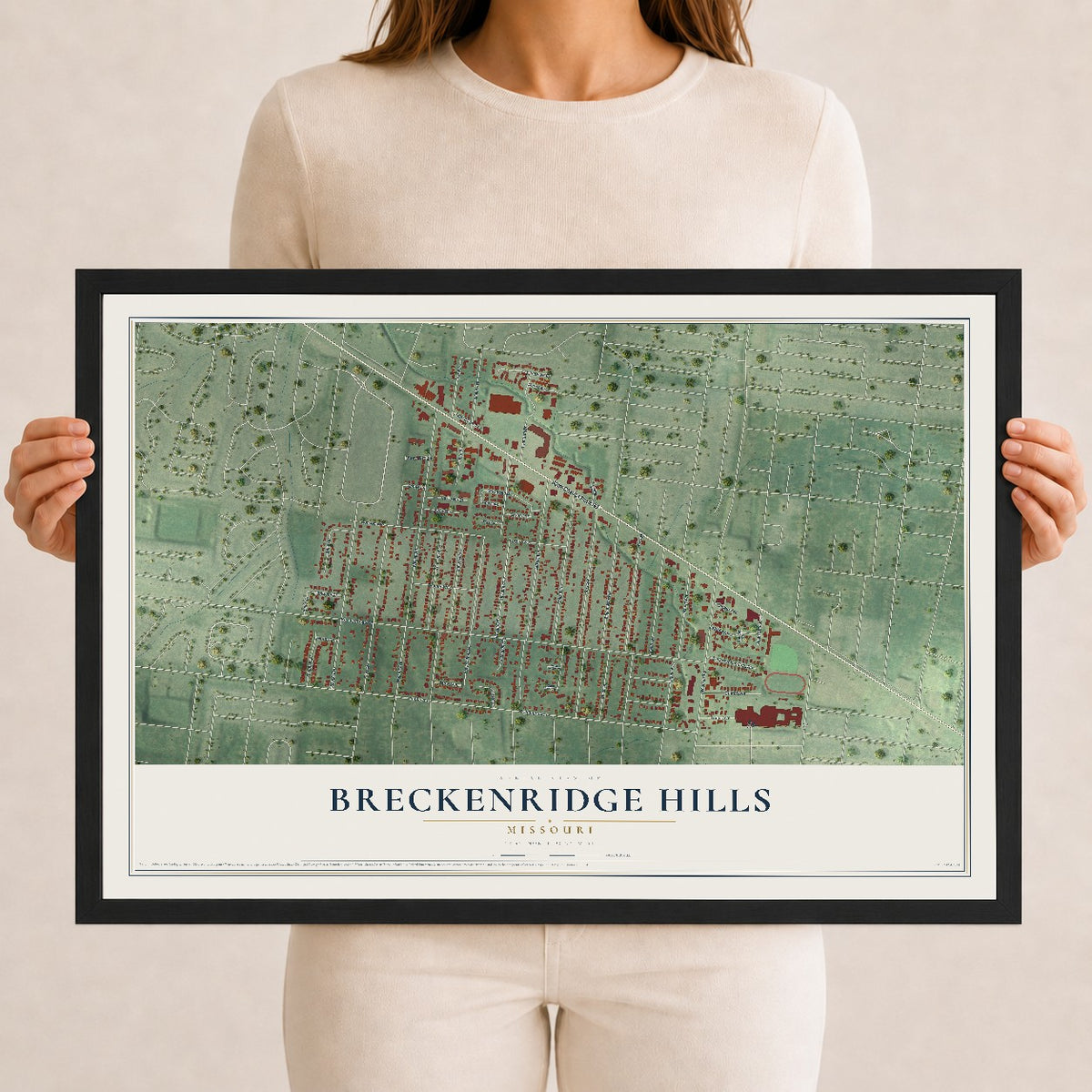 Map of Breckenridge Hills, Missouri, 12 x 18 inch print in a black wood frame