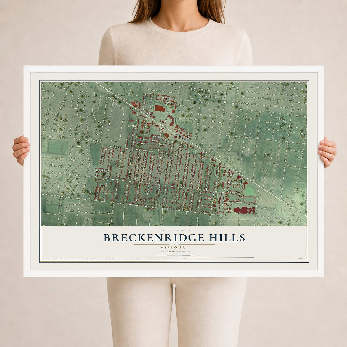Map of Breckenridge Hills, Missouri, 24 x 36 inch print in a white wood frame
