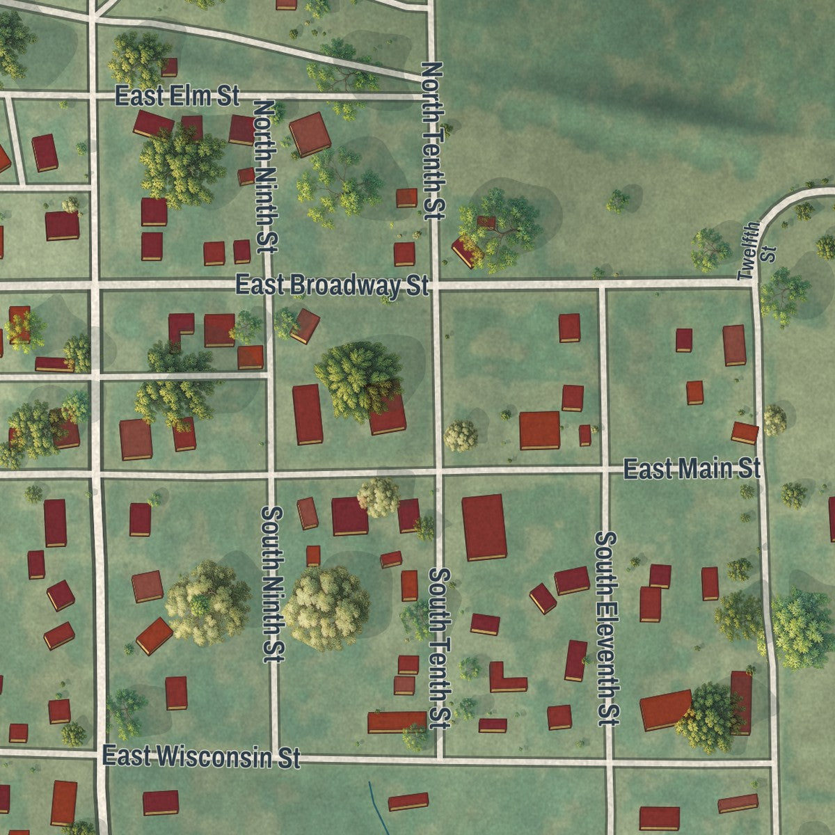 Close-up of the map of Breckenridge, Missouri print showing street and building detail