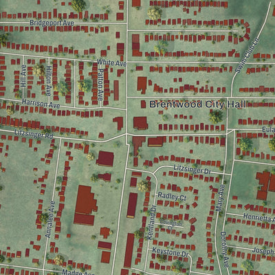 Close-up of the map of Brentwood, Missouri print showing street and building detail