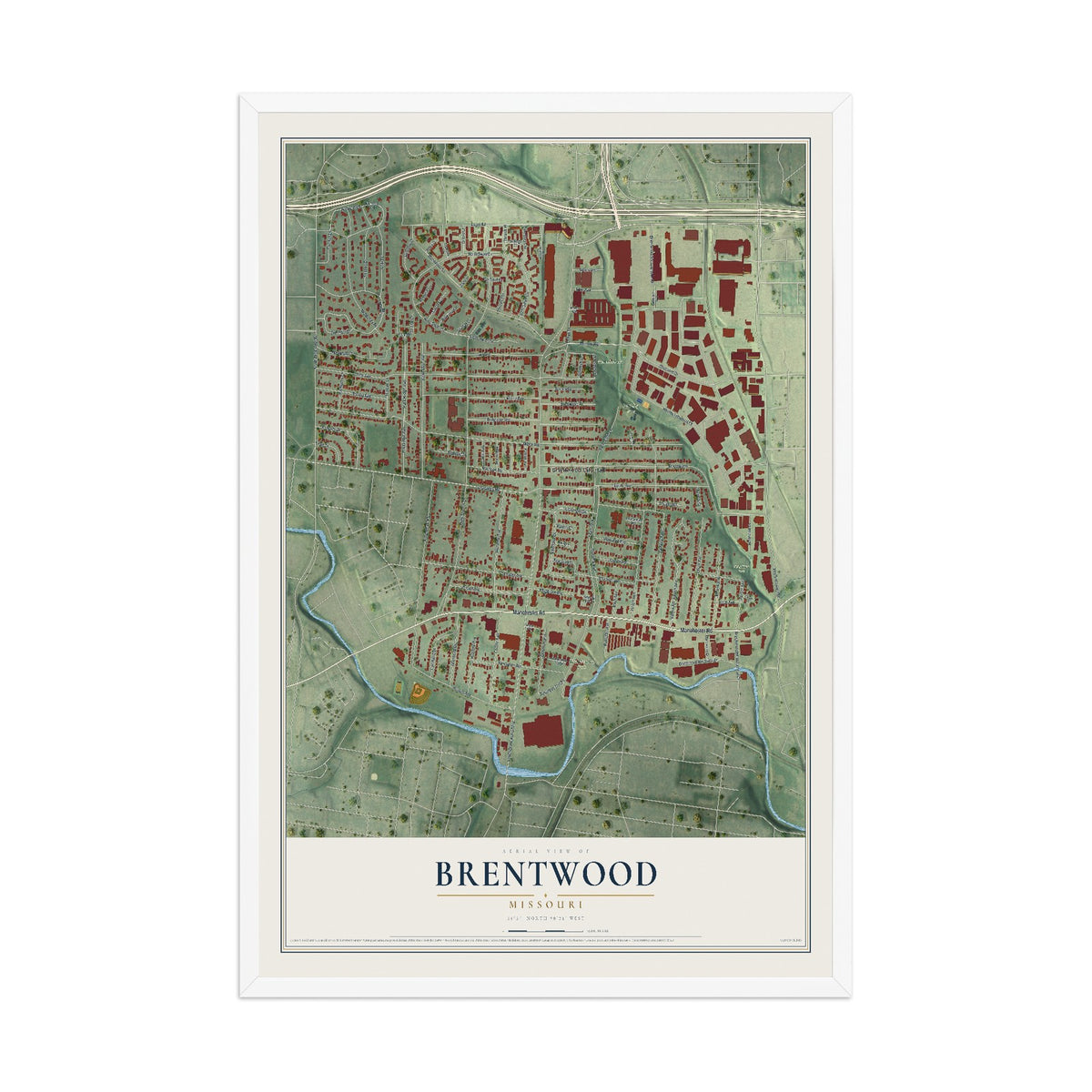 Map of Brentwood, Missouri, 12 x 18 inch print in a white wood frame