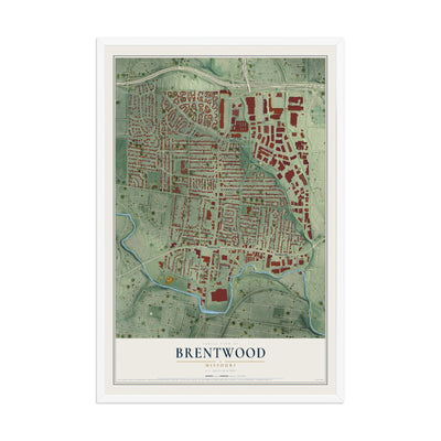 Map of Brentwood, Missouri, 12 x 18 inch print in a white wood frame