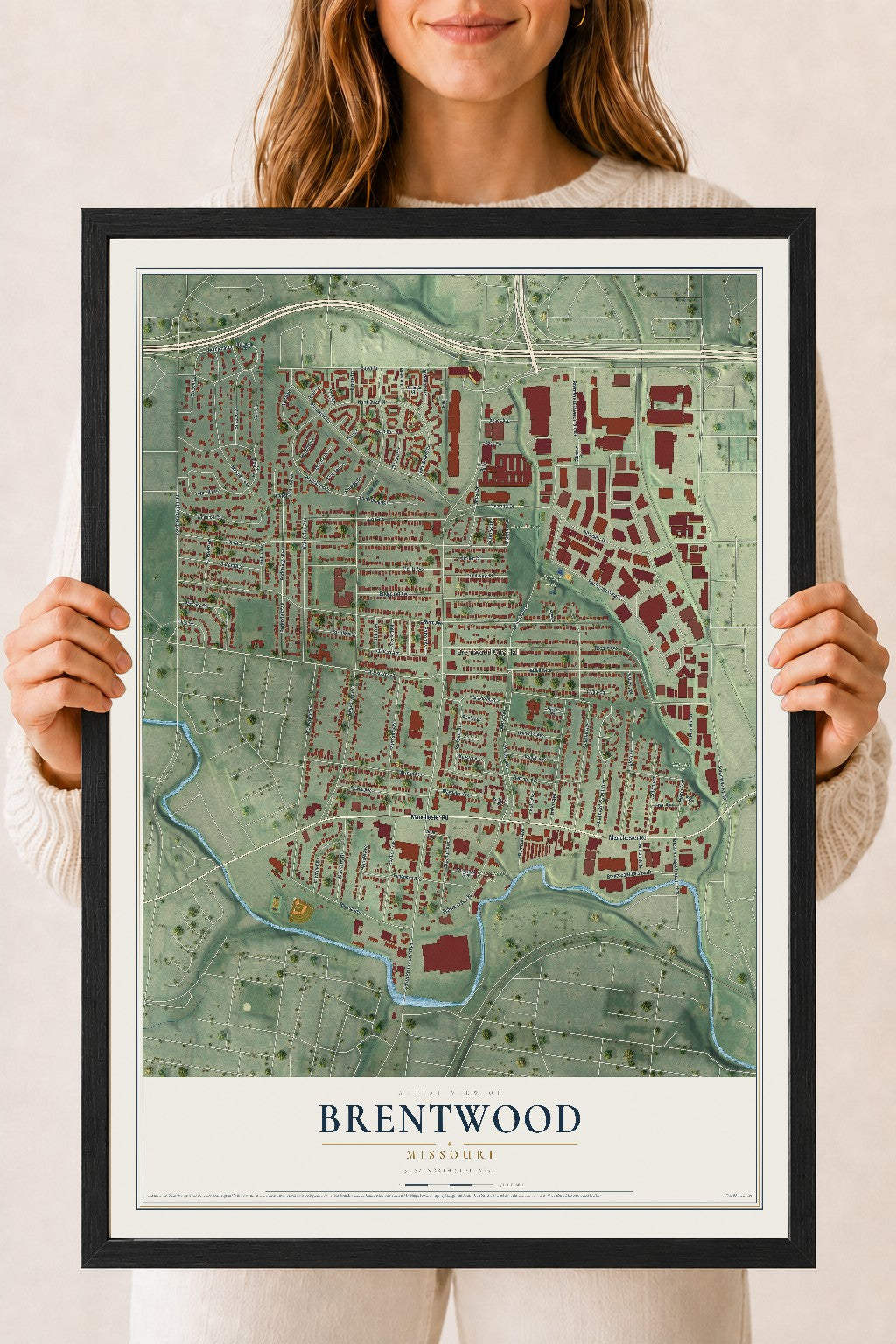 Map of Brentwood, Missouri, 18 x 24 inch print in a black wood frame