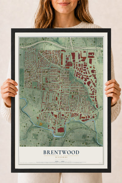 Map of Brentwood, Missouri, 18 x 24 inch print in a black wood frame
