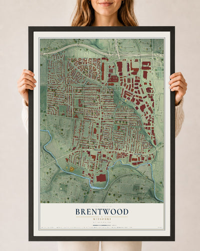 Map of Brentwood, Missouri, 24 x 36 inch print in a black wood frame
