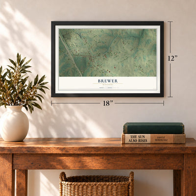 Brewer, Missouri map, 12 x 18 inch print in a black frame in an entryway