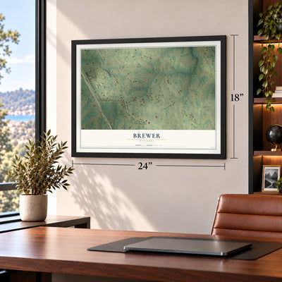 Brewer, Missouri map, 18 x 24 inch print in a black frame in a home office