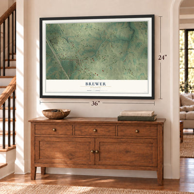 Brewer, Missouri map, 24 x 36 inch print in a black frame above a dresser by a staircase