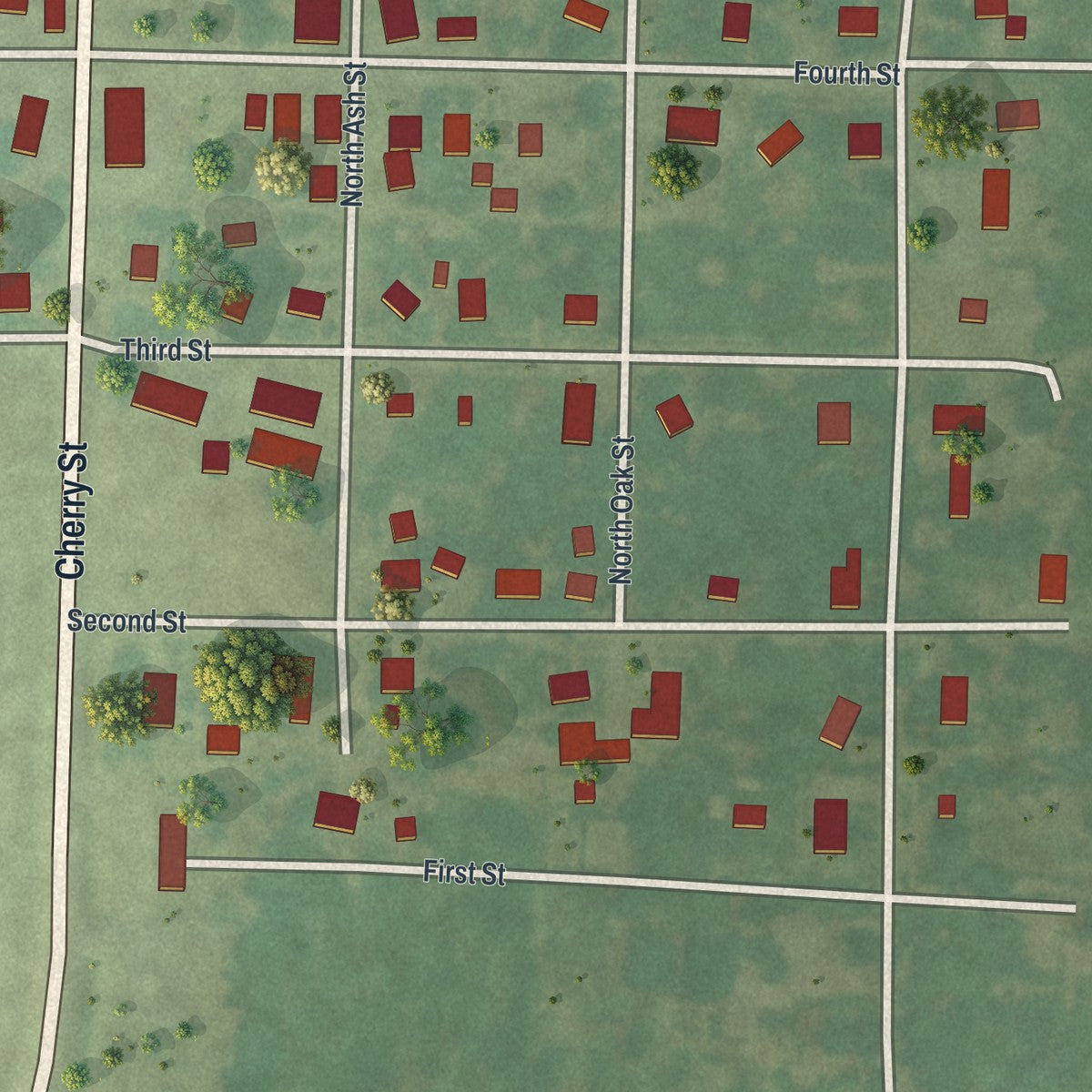 Close-up of the map of Bronaugh, Missouri print showing street and building detail