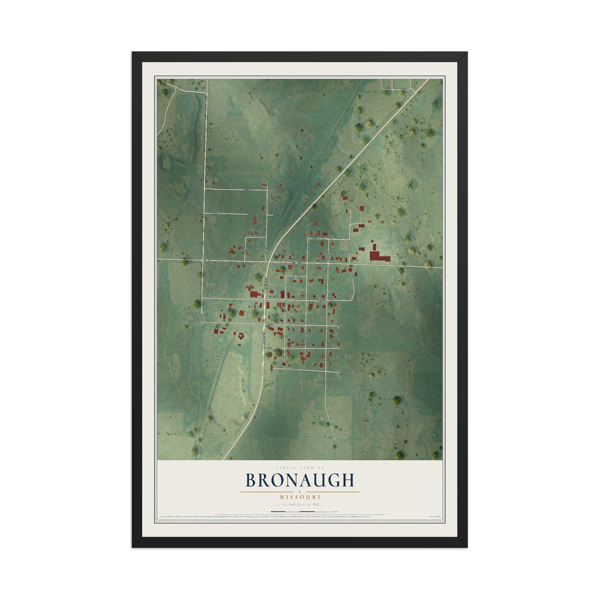 Map of Bronaugh, Missouri, 12 x 18 inch print in a black wood frame
