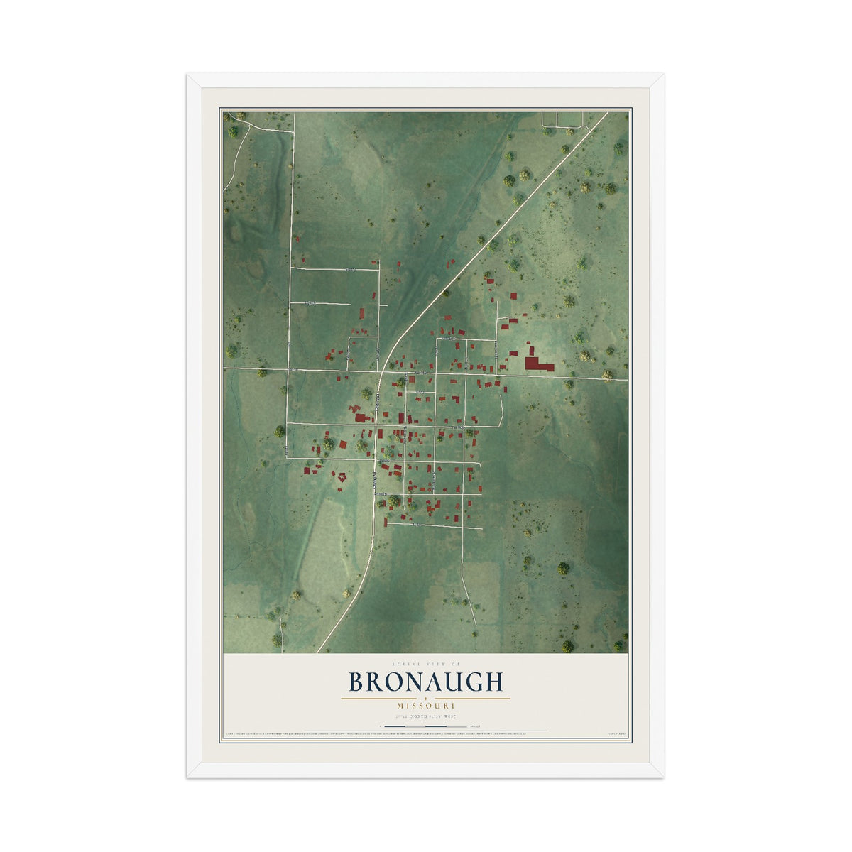 Map of Bronaugh, Missouri, 12 x 18 inch print in a white wood frame
