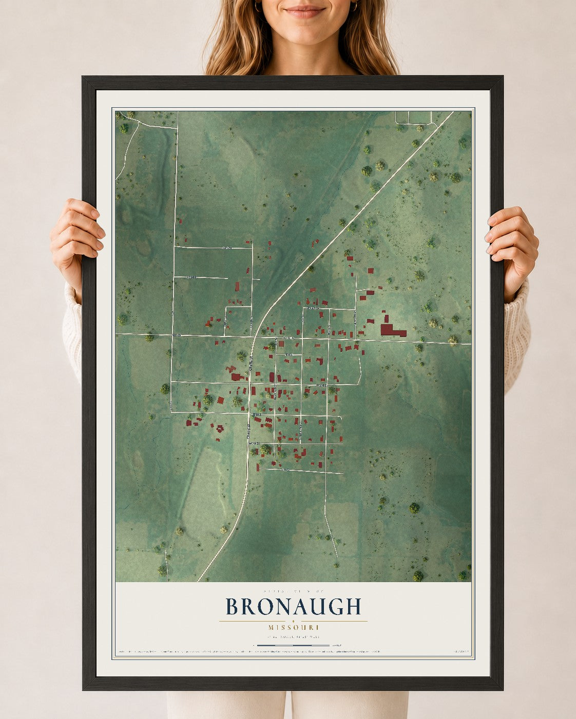 Map of Bronaugh, Missouri, 24 x 36 inch print in a black wood frame