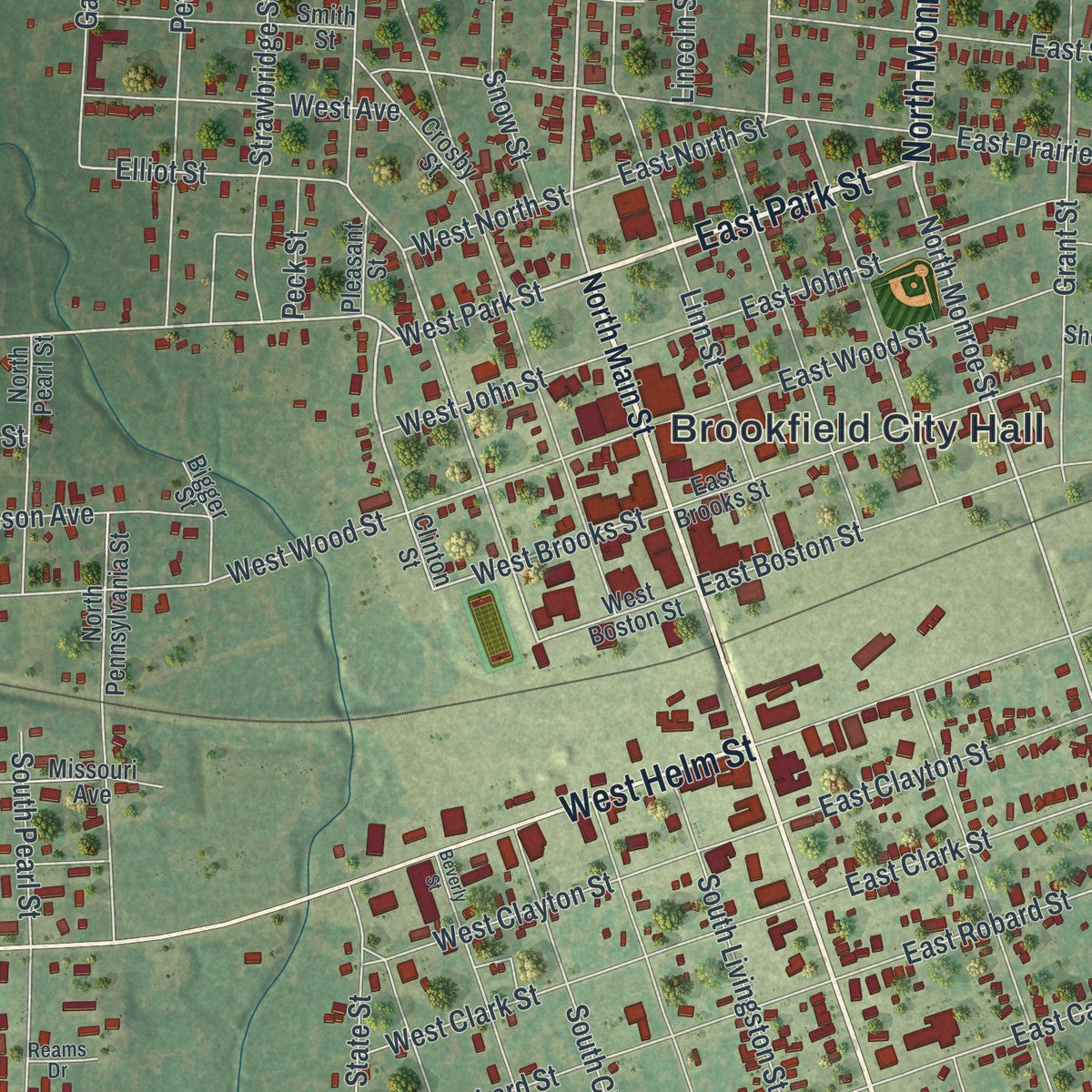 Close-up of the map of Brookfield, Missouri print showing street and building detail
