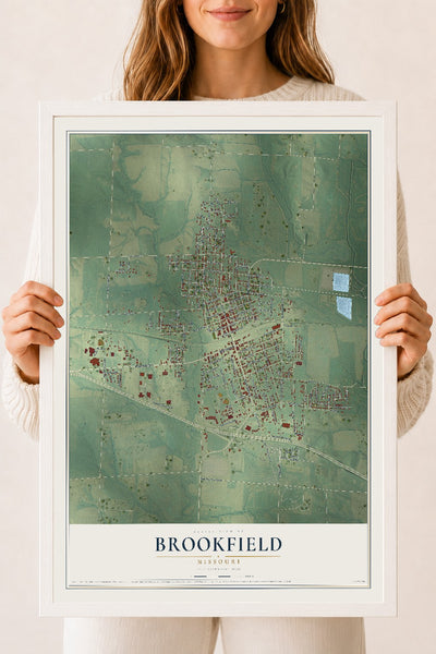 Map of Brookfield, Missouri, 18 x 24 inch print in a white wood frame