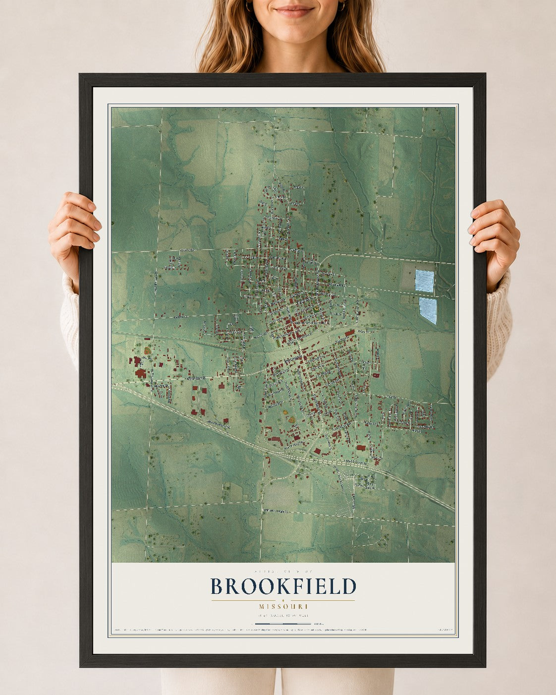 Map of Brookfield, Missouri, 24 x 36 inch print in a black wood frame