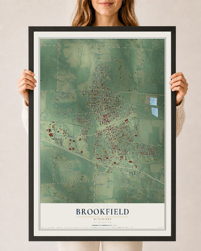 Map of Brookfield, Missouri, 24 x 36 inch print in a black wood frame