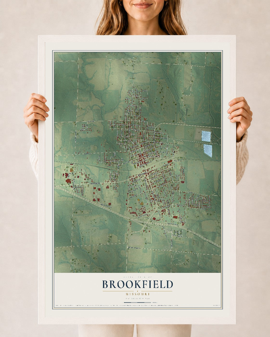 Map of Brookfield, Missouri, 24 x 36 inch print in a white wood frame