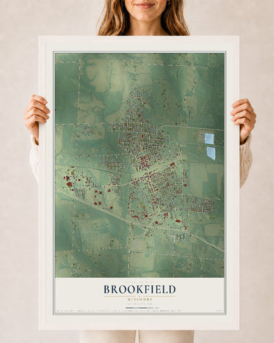 Map of Brookfield, Missouri, 24 x 36 inch print in a white wood frame