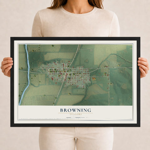 Map of Browning, Missouri, 12 x 18 inch print in a black wood frame