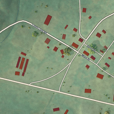 Close-up of the map of Brumley, Missouri print showing street and building detail